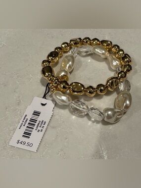 Talbots Gold & Pearl Bead Stretch Bracelet Set